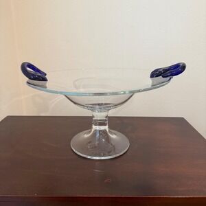 Sasaki crystal Footed‎ Bowl Clear Glass Pedestal Serving Dish Blue Handles